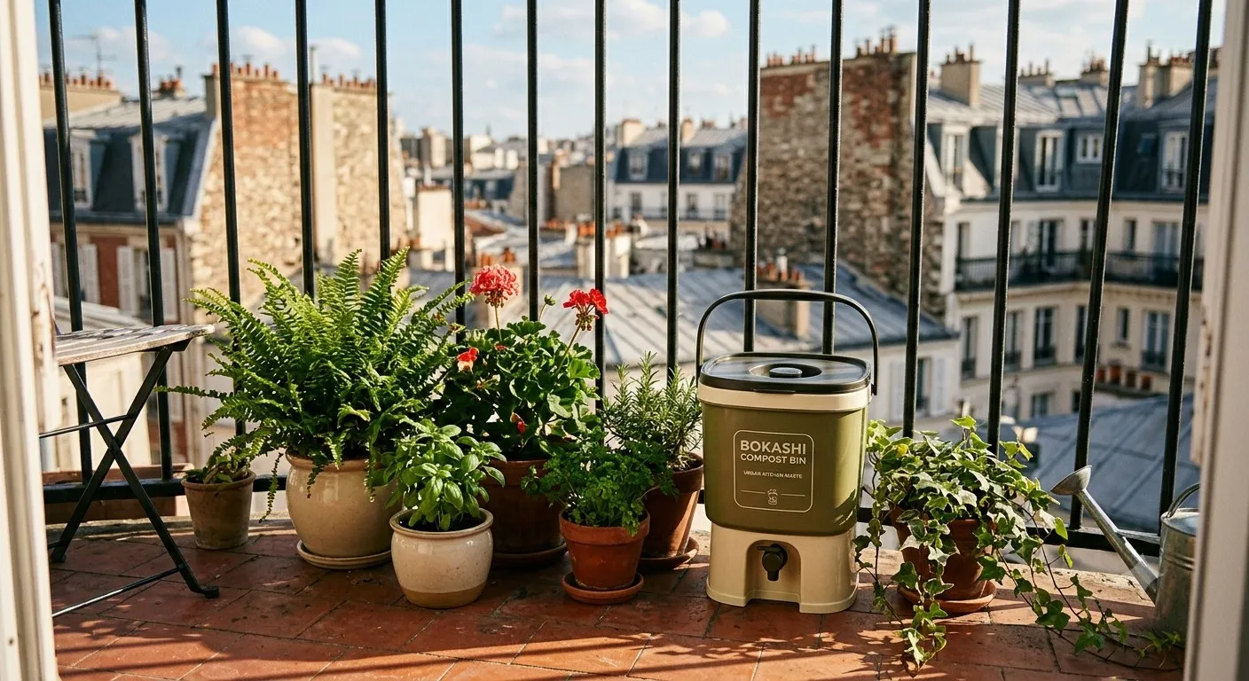 A bokashi compost bin next to balcony container plants overlooking city rooftops