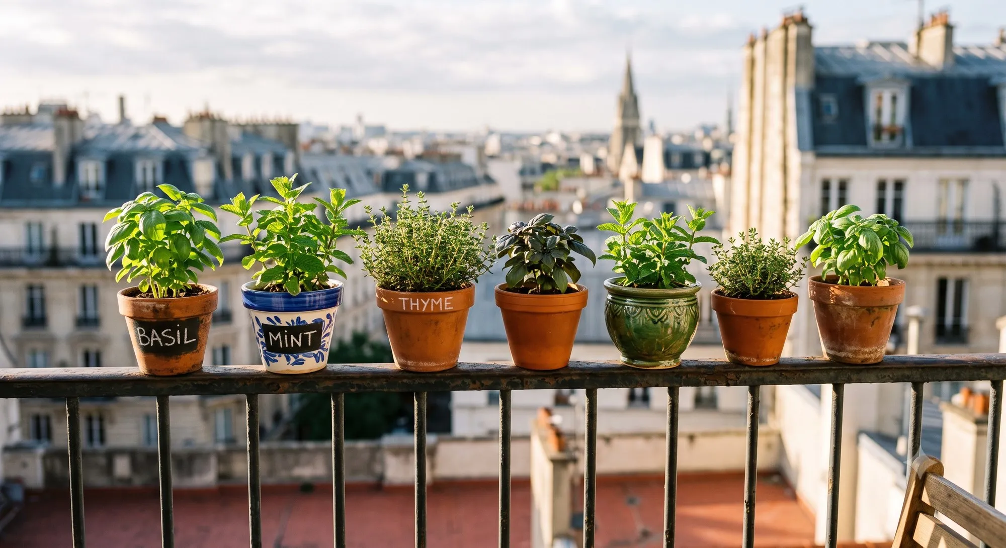 Small labeled herb pots lined up on a balcony railing overlooking rooftops