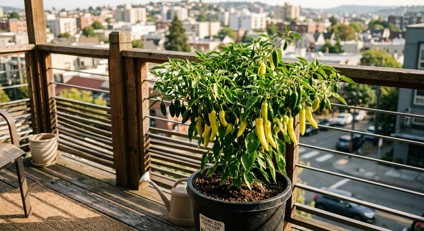 Pepper plants heavy with peppers growing in containers on a balcony