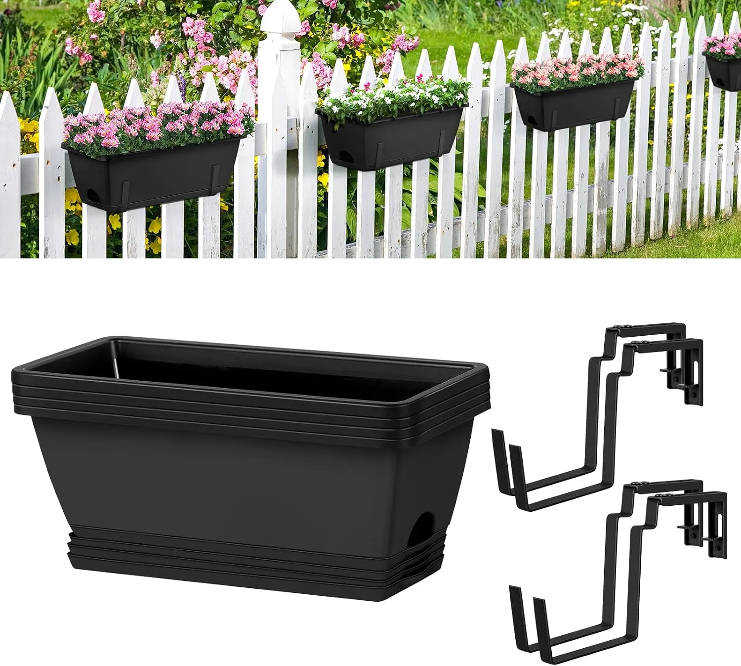 A smusei adjustable rectangular railing planter mounted on a balcony railing