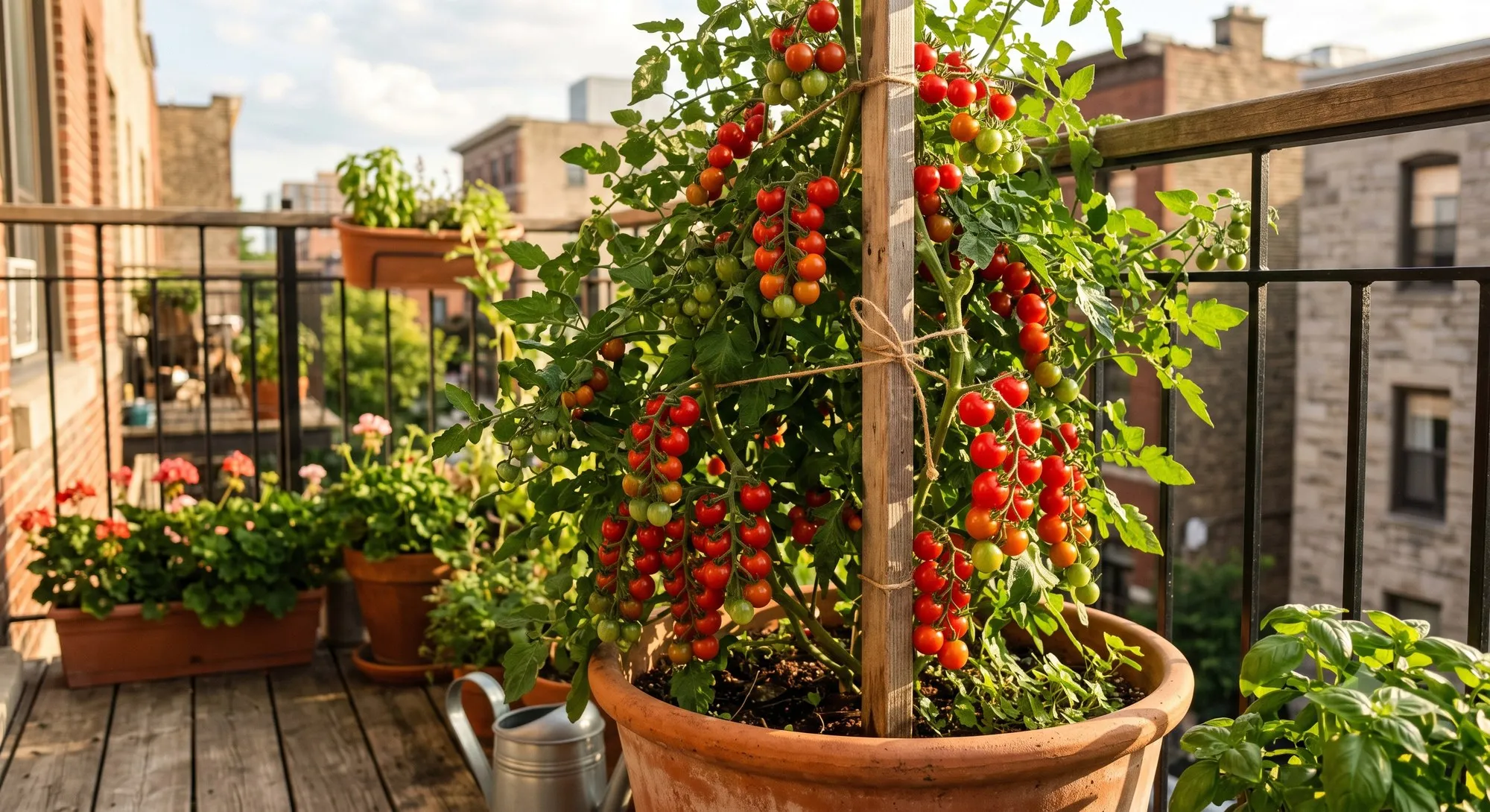 Cherry tomato plant heavy with fruit growing in a balcony container