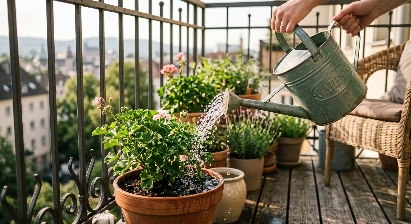 A watering can pouring water into a container plant on a balcony