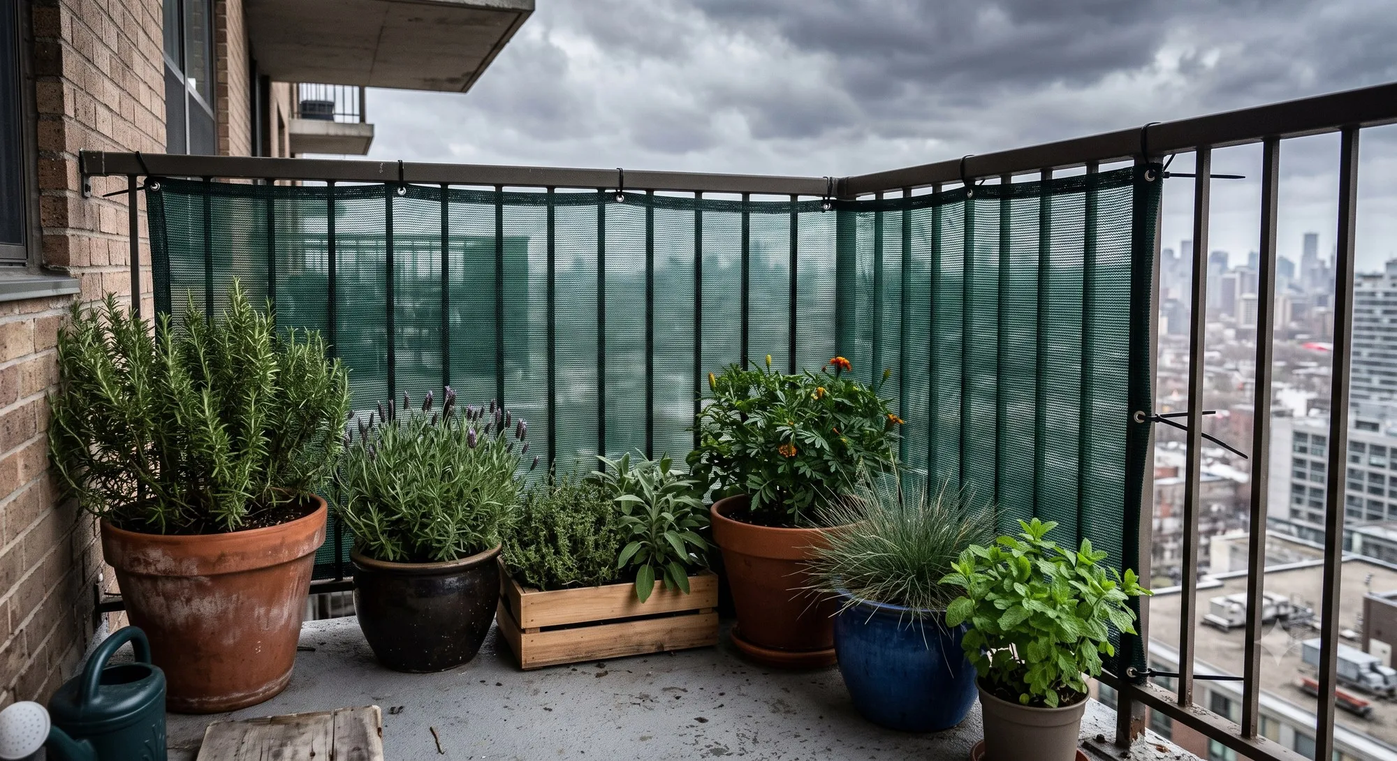 Container plants on a balcony sheltered behind a mesh windbreak screen