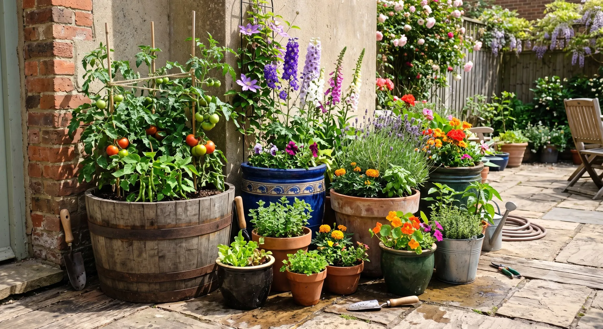 A cluster of large containers with tomatoes and flowers arranged on a patio