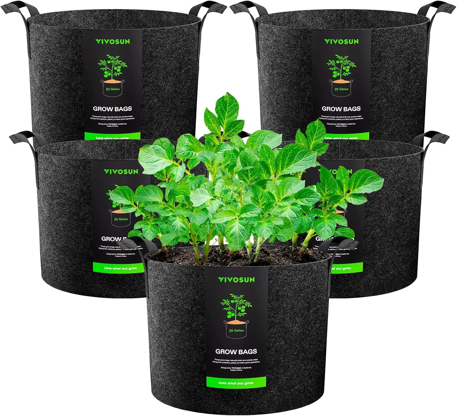 VIVOSUN 5-pack fabric grow bags with reinforced handles on a patio