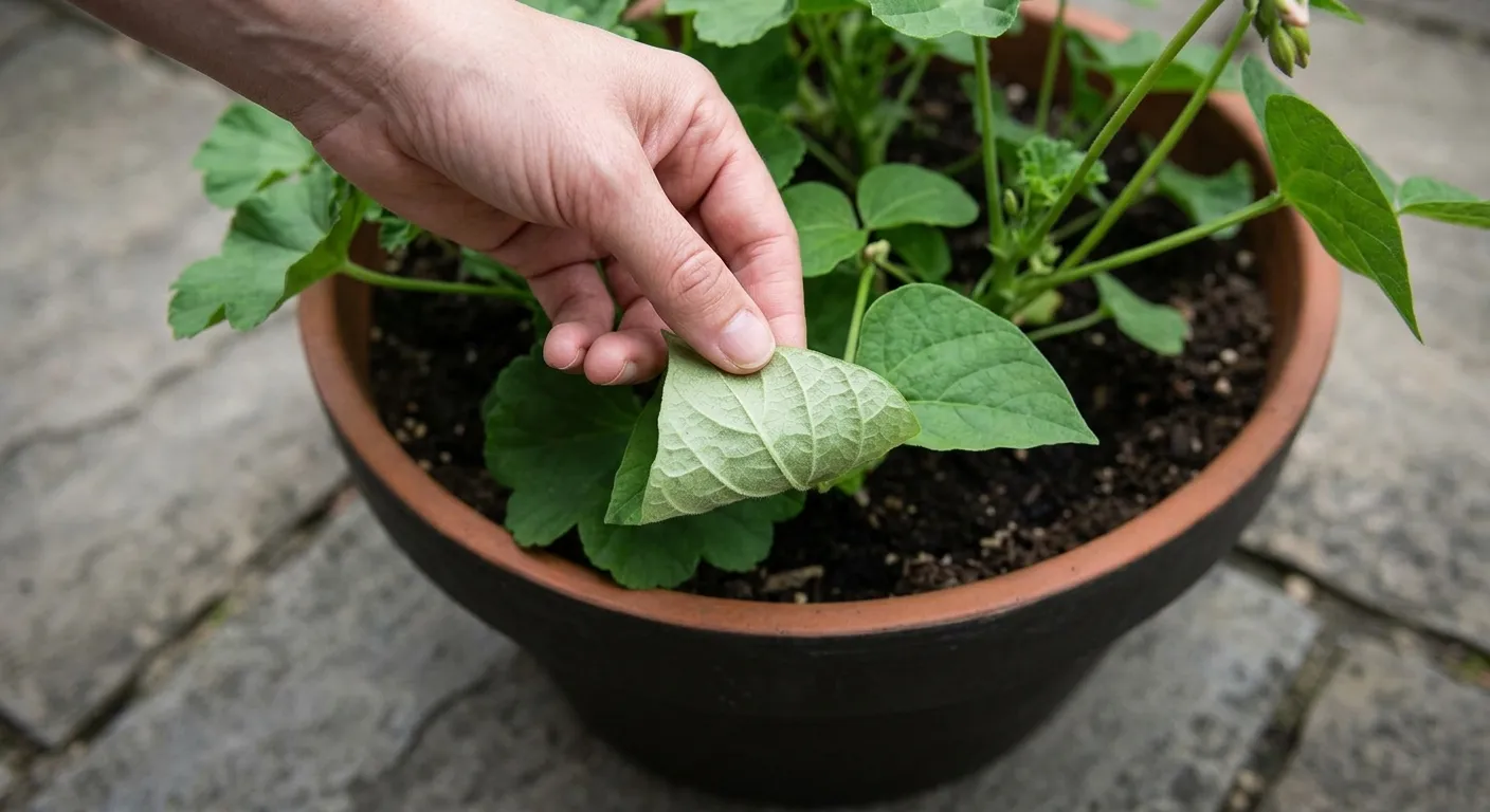 A hand inspecting the underside of a leaf for pests on a patio container plant