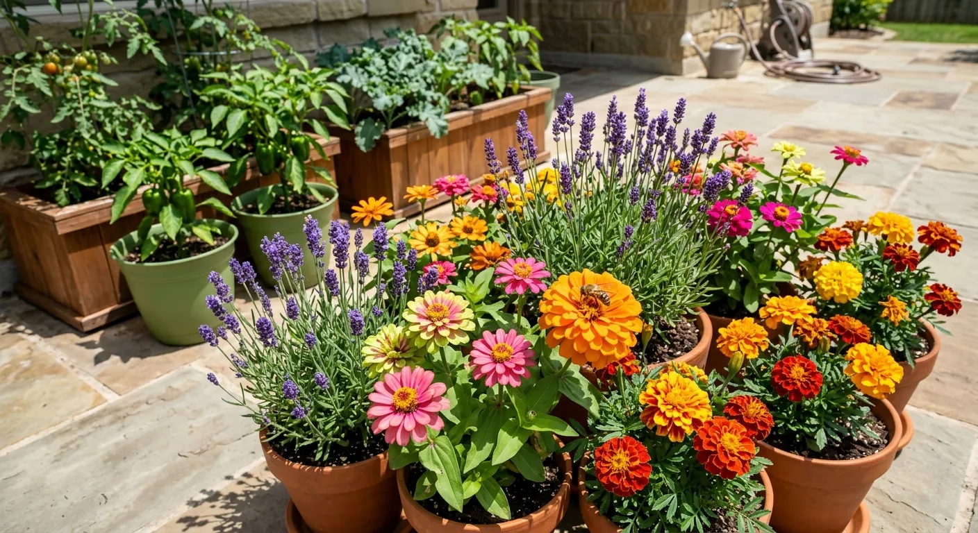 Containers of lavender, zinnias, and marigolds on a patio with a bee visiting a flower