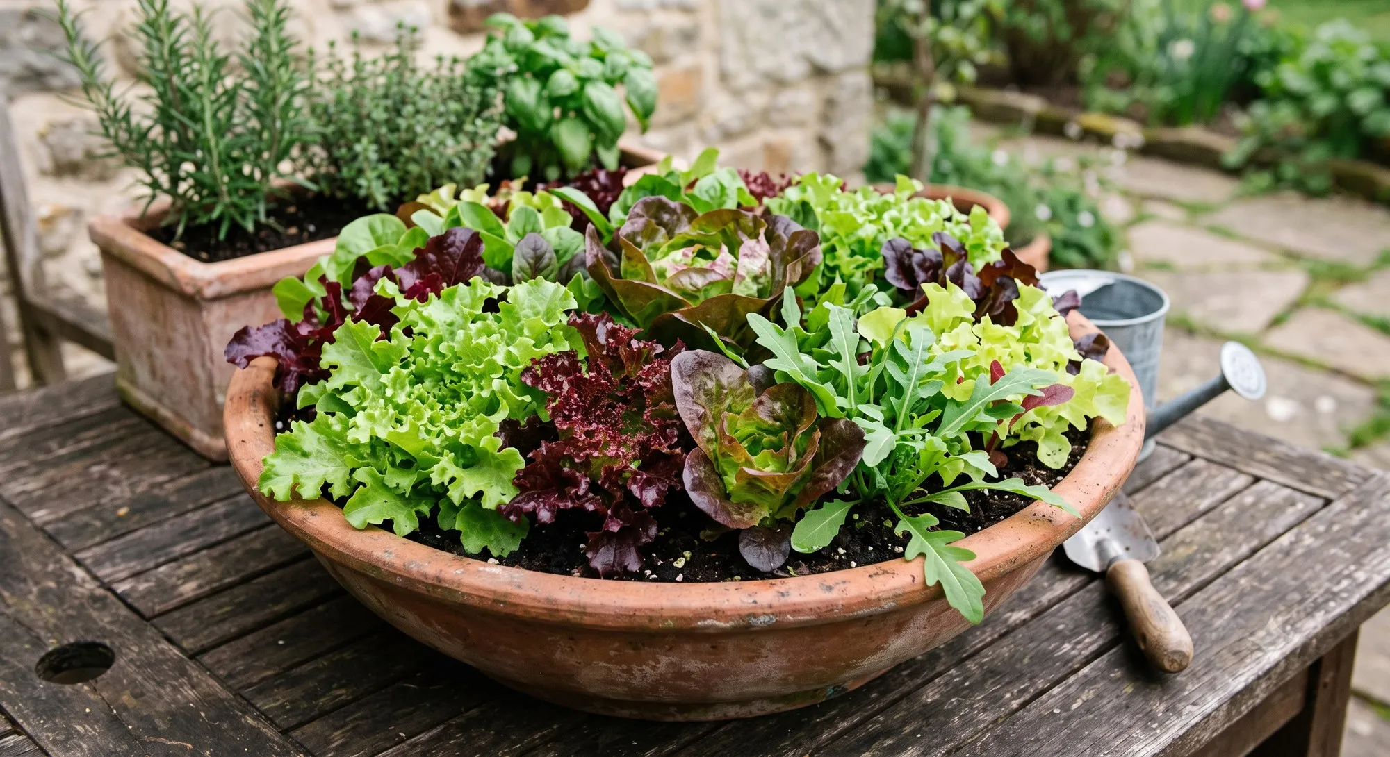 Mixed salad greens growing densely in a shallow patio container