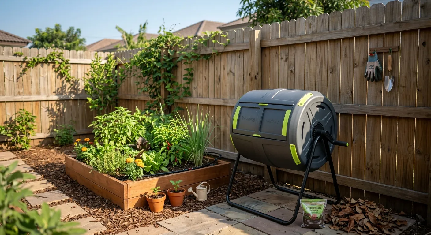 A compact tumbler composter set against a fence in a small backyard