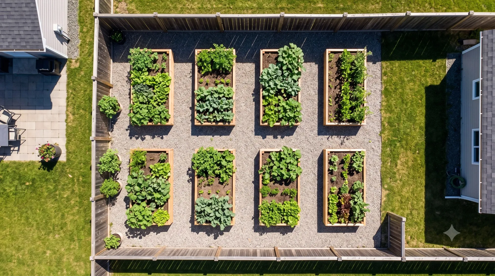 An overhead view of a small yard vegetable garden with raised beds arranged in rows