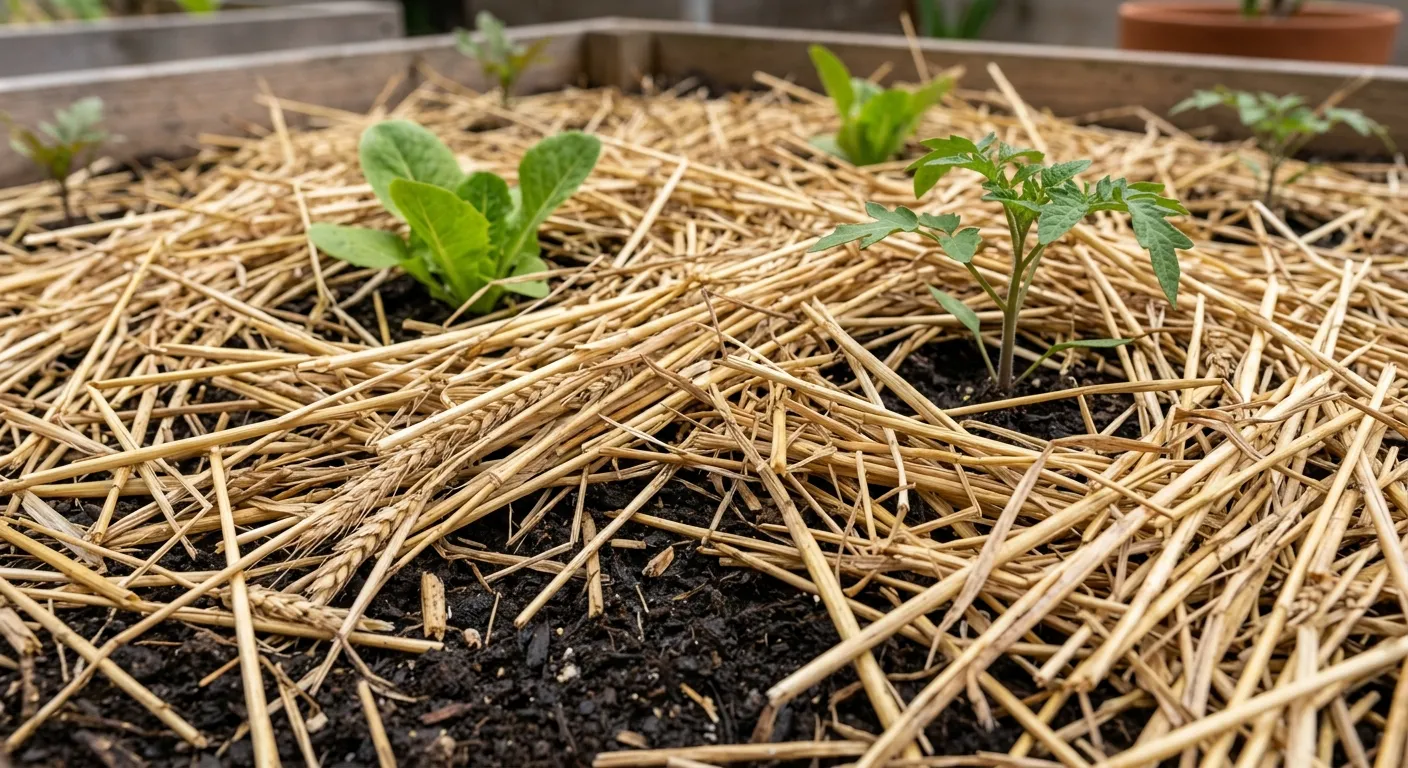 A layer of straw mulch spread around vegetable plants in a small yard garden bed