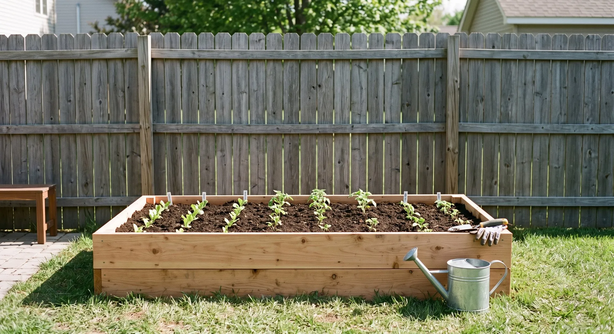 A single raised garden bed set against a fence in a small yard
