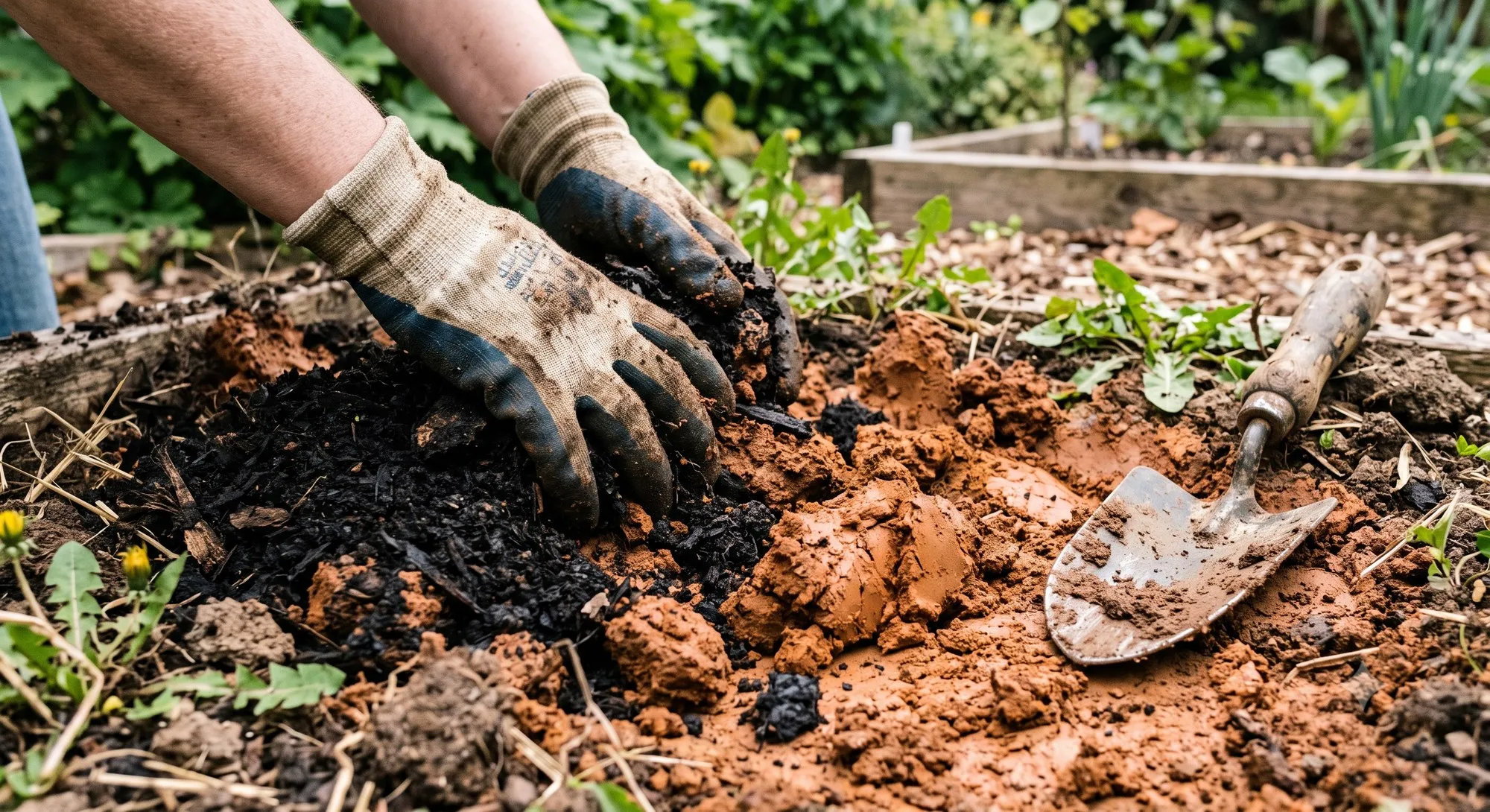 Gloved hands mixing dark compost into dense clay soil in a small yard garden bed