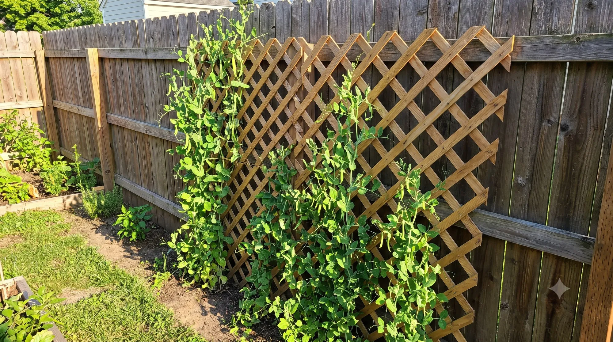 A lattice trellis of climbing pea vines against a fence in a small yard