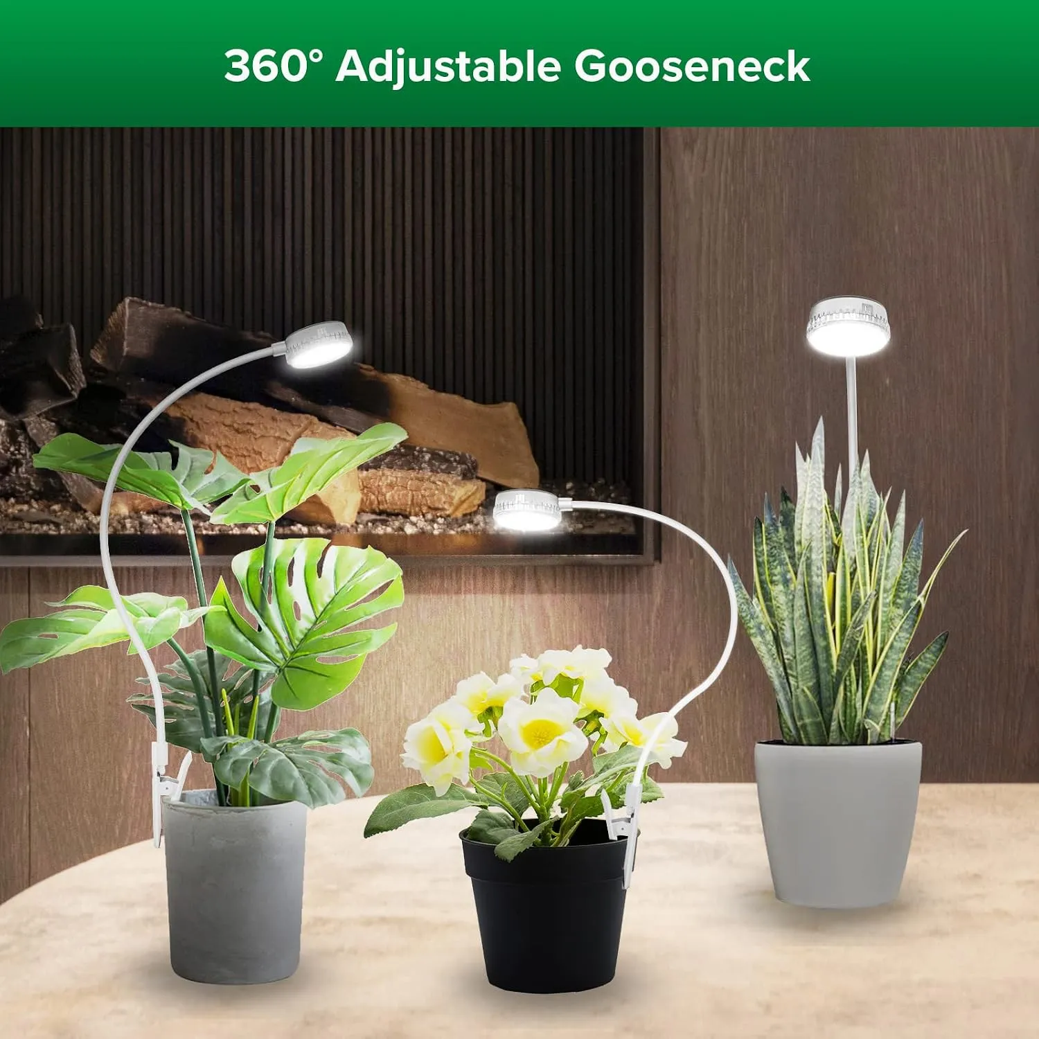 A small clip-on grow light positioned over a windowsill herb pot