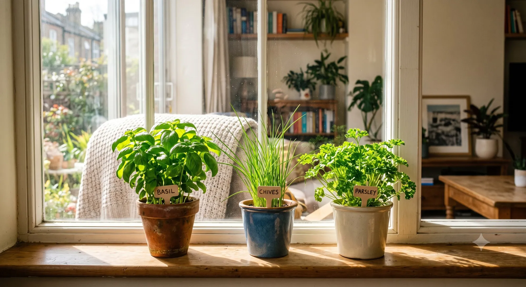 Small herb pots lined up on a sunny windowsill