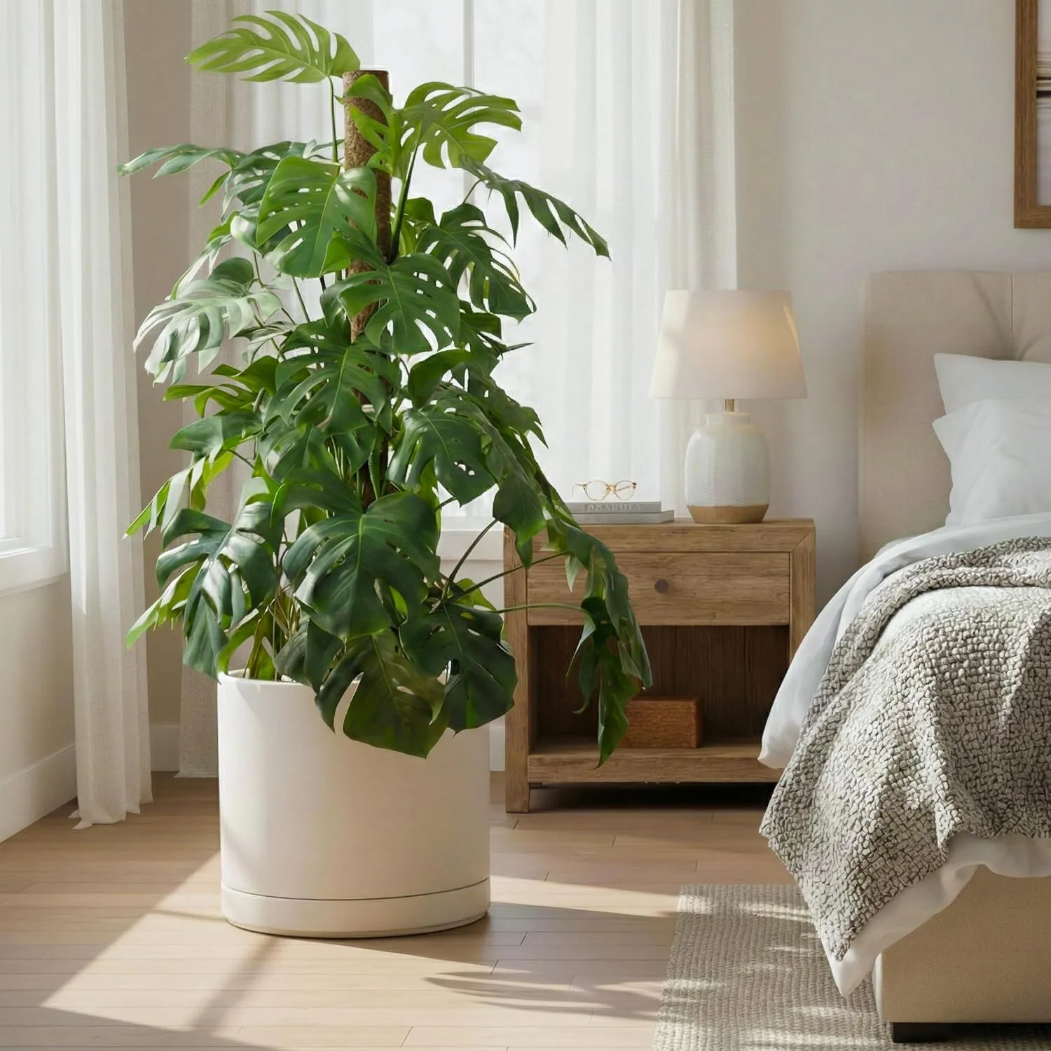 A large white ceramic planter with a monstera plant in a bright indoor room