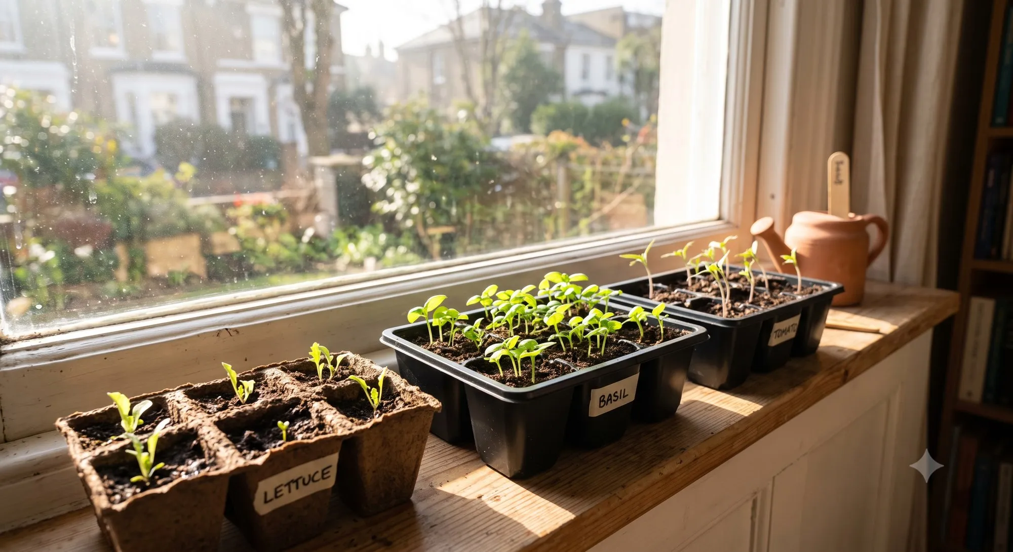 Seedling trays lined up on a bright windowsill