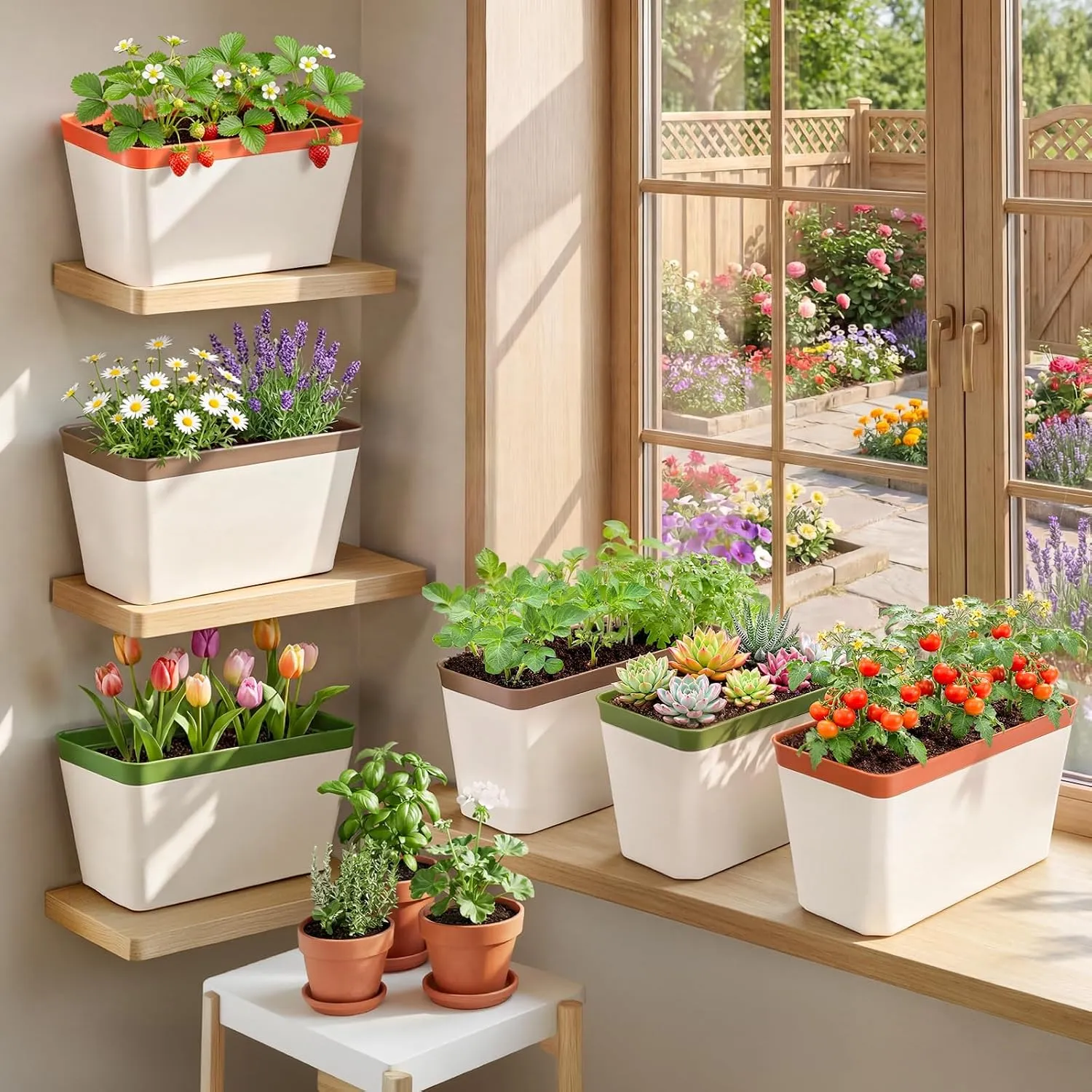 A self-watering planter with herbs on a bright windowsill, water reservoir visible