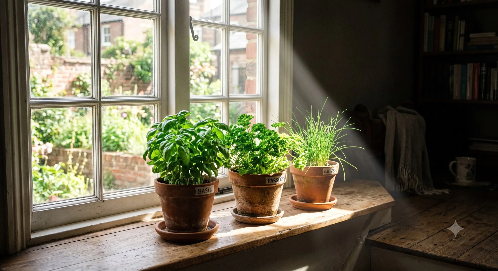 Herb pots positioned in the light path of a bright indoor window