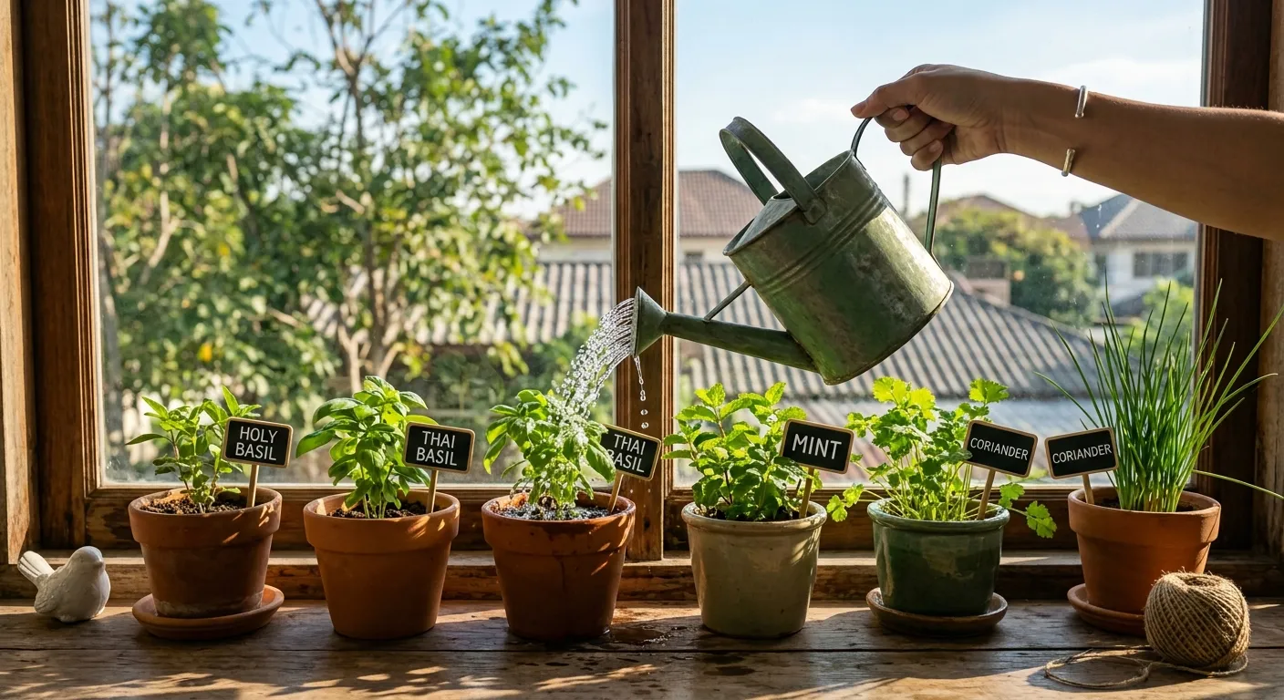A small watering can being used on herb pots lined up on an indoor windowsill